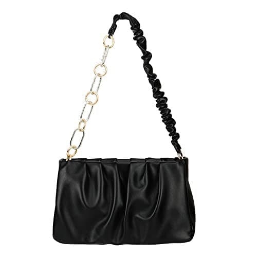 Beautifully small and supple, this ruched handbag is perfect for any occasion. Its two ways to carry will ensure you always have the perfect look and the special fold design gives it a feminine chic vibe. Features include two detachable straps, metal decoration and top zipper closure. Avah Couture