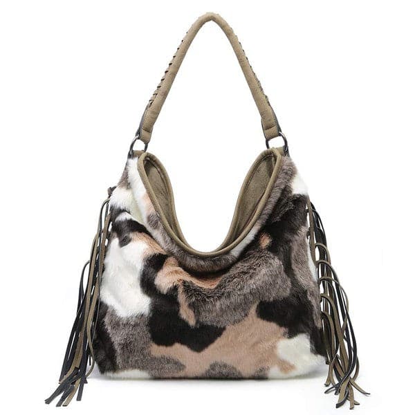 This stylish and trendy oversized hoho bag is made with vegan fur and pleather. Its two tone design and fringes on both sides make this the perfect accessory for all your outfits. Its spacious interior features two interior slip pockets and one interior zip pocket with enough space to fit all your essentials. Avah Couture
