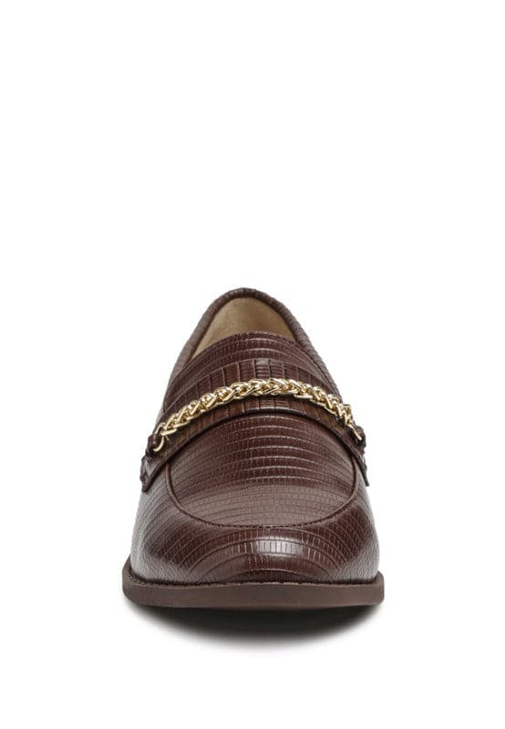AVAH-Debonair Croc Chain Flat Loafers-Faux Leather-Brown