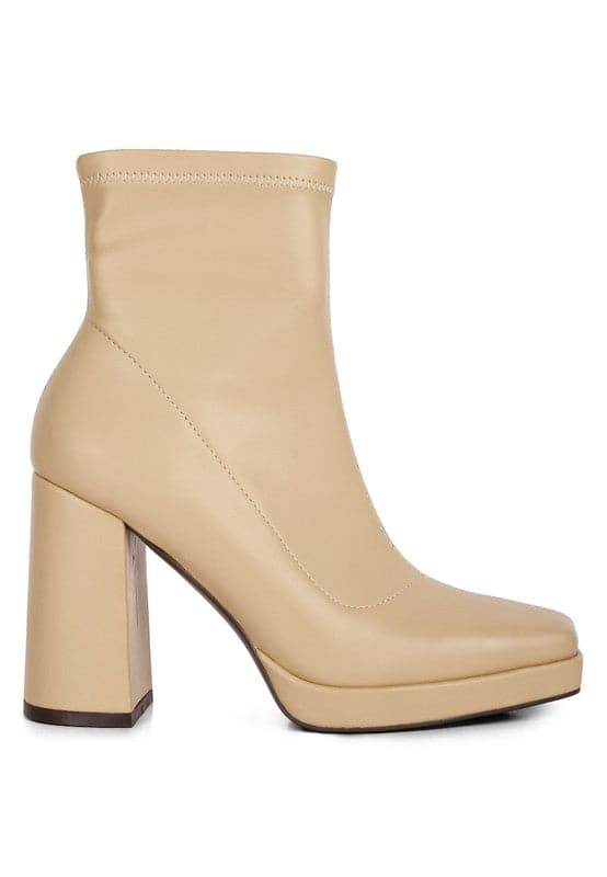 Avah Couture-Trinity High Heeled Square Toe Ankle Boots-Beige