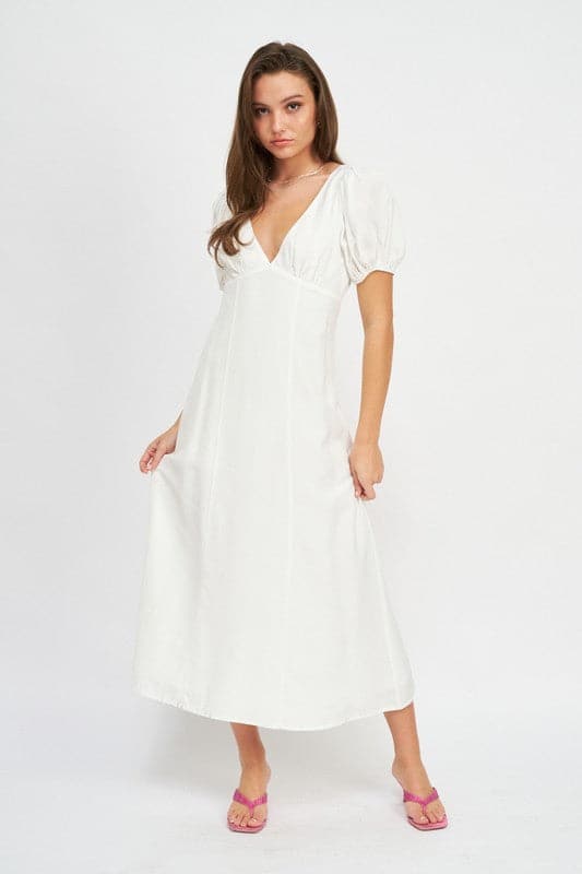 White Maxi Dress With V-Neckline and Puff Sleeves- Avah Couture