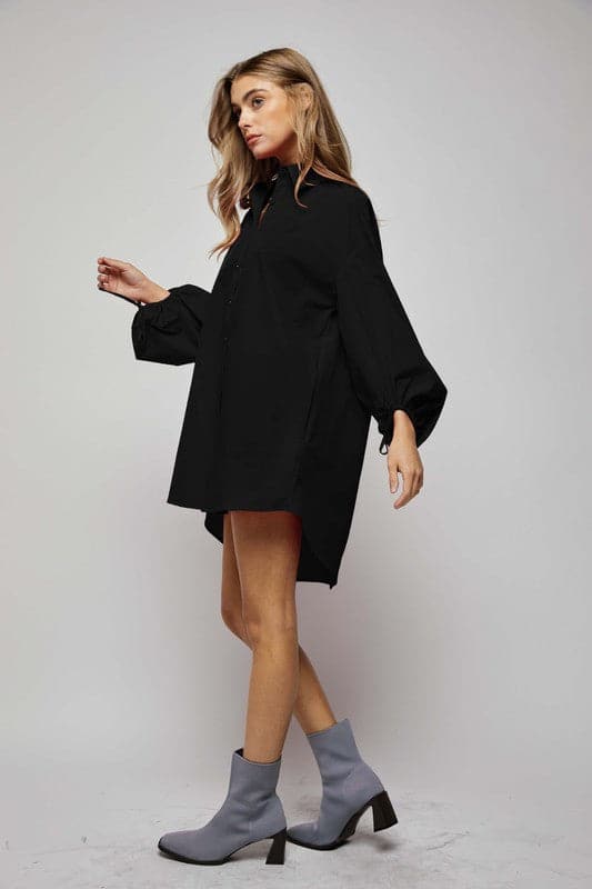  Puff Sleeve Button Down Shirt Dress-Black-Avah Couture