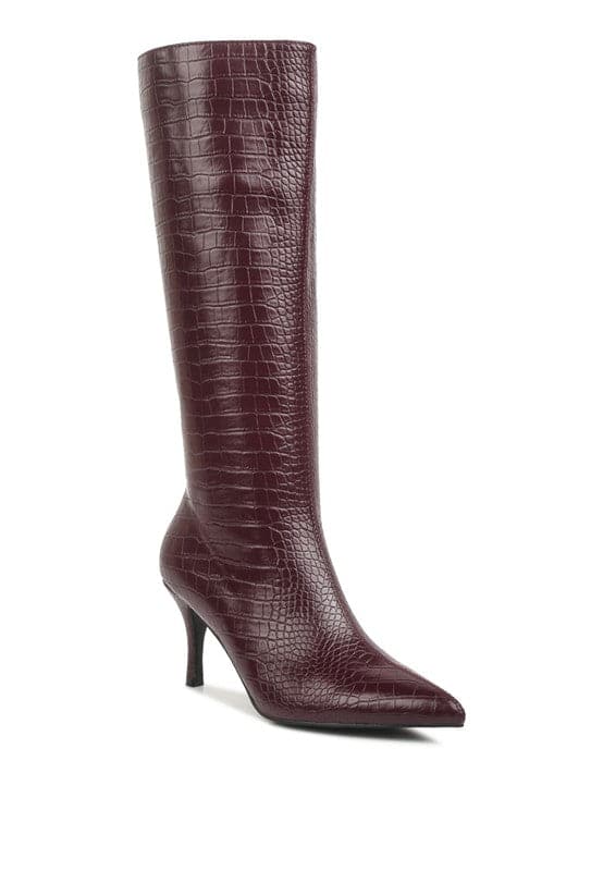 Avah Couture-Surreal Pointed Toe Mid Heel Boots-Burgundy