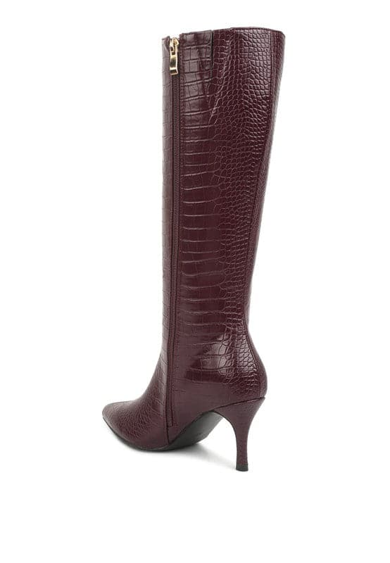 Avah Couture-Surreal Pointed Toe Mid Heel Boots-Burgundy