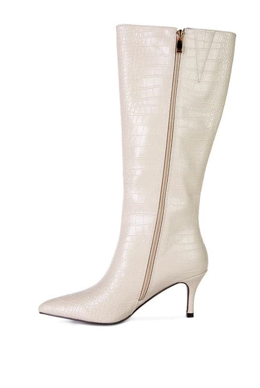 Avah Couture-Surreal Pointed Toe Mid Heel Boots-Beige
