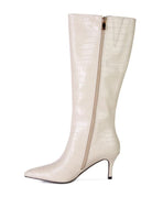 Avah Couture-Surreal Pointed Toe Mid Heel Boots-Beige