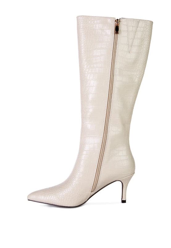 Avah Couture-Surreal Pointed Toe Mid Heel Boots-Beige