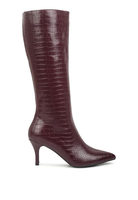 Avah Couture-Surreal Pointed Toe Mid Heel Boots-Burgundy
