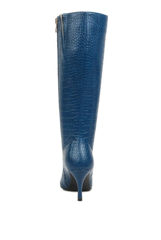 Avah Couture-Surreal Pointed Toe Mid Heel Boots-Navy