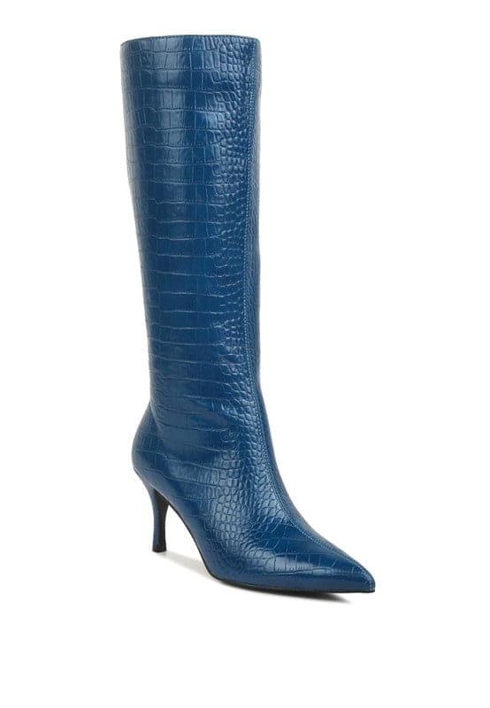 Avah Couture-Surreal Pointed Toe Mid Heel Boots-Navy