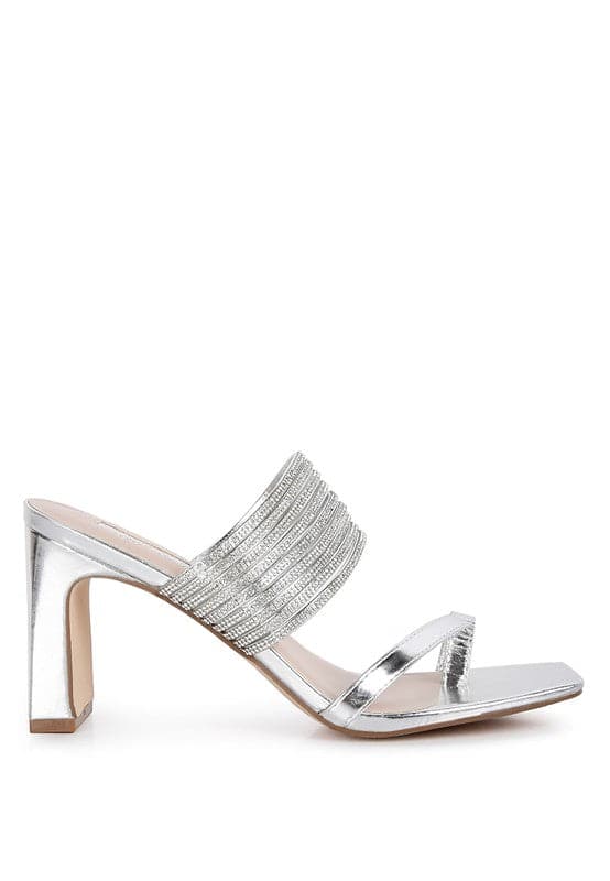 Surreal Summer Mid Block Heel Slide Sandals -Silver