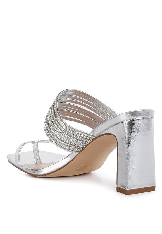 Surreal Summer Mid Block Heel Slide Sandals -Silver