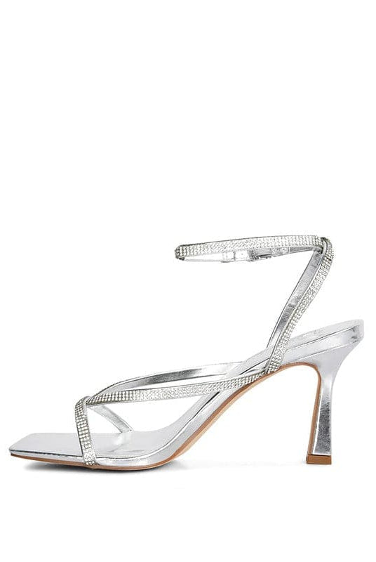 Avah Couture -Paradise Calling Lime Green Diamante Mid Heel Sandal - Silver