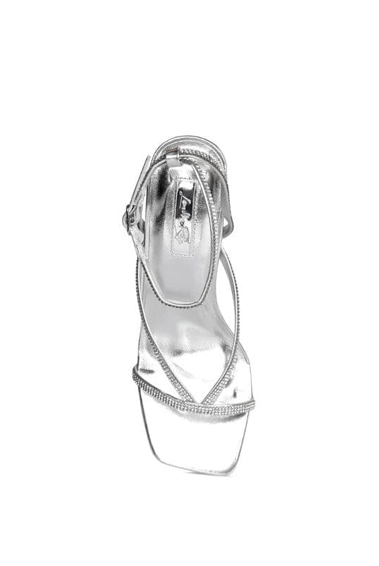 Avah Couture -Paradise Calling Lime Green Diamante Mid Heel Sandal - Silver
