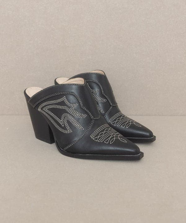 Avah Couture - Are you looking for a heeled mule that has both beauty and comfort? This western-inspired mule will surely draw attention with its gorgeous embroidery, intricate detailing, and heel height. The slip-on style means you can easily combine it with any outfit, from jeans to shorts, to everyday dresses.  Heel Height: 3.5''