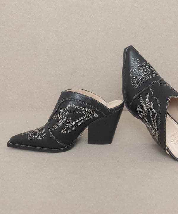 Avah Couture - Are you looking for a heeled mule that has both beauty and comfort? This western-inspired mule will surely draw attention with its gorgeous embroidery, intricate detailing, and heel height. The slip-on style means you can easily combine it with any outfit, from jeans to shorts, to everyday dresses.  Heel Height: 3.5''
