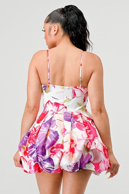 Avah Couture-If you love a sweet, feminine floral dress, this adorable bubble mini is for you. The 3-dimensional rosette on the shoulder strap perfectly complements the beautiful floral print and bubble hem detail. This on-trend mini dress has spaghetti straps and a back zipper and will look great with sandals, pumps, or your new favorite wedges- Pink Purple White 