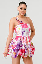 Avah Couture-If you love a sweet, feminine floral dress, this adorable bubble mini is for you. The 3-dimensional rosette on the shoulder strap perfectly complements the beautiful floral print and bubble hem detail. This on-trend mini dress has spaghetti straps and a back zipper and will look great with sandals, pumps, or your new favorite wedges- Pink Purple White 