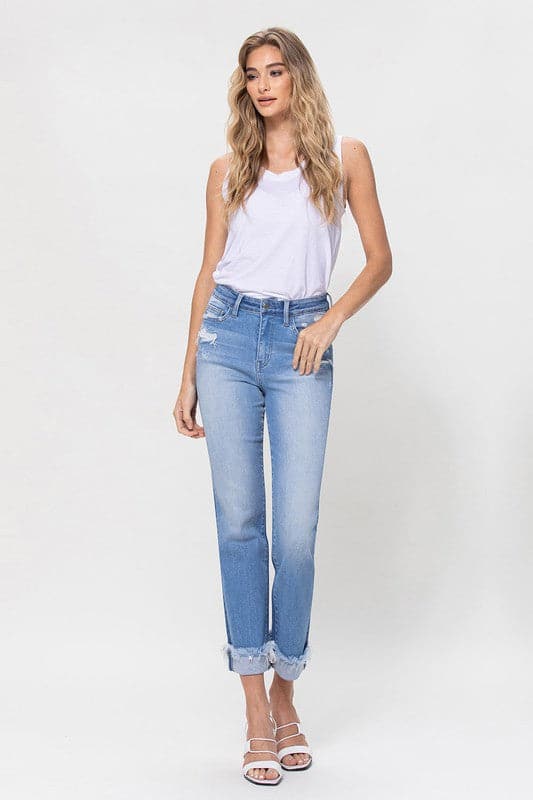 The look of a high-rise, ankle-length jean with an extra touch of style. Featuring a high-waist, regular straight fit and cuffed with a gray hemline. These jeans are perfect for everyday wear and pair well with any casual outfit - Avah Couture