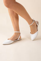 Pointed Toe Ankle Strap Flats - White- Avah Couture