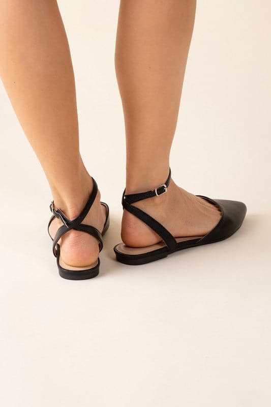 Pointed Toe Ankle Strap Flats - Black- Avah Couture