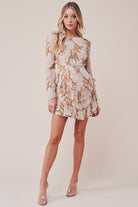 This Belinda Ruffle Long Sleeve Tiered Mini Dress has an open back with back button closure, back invisible zipper, ruffled hemline, and a unique allover print. This dress can be worn as party wear or casual wear. 