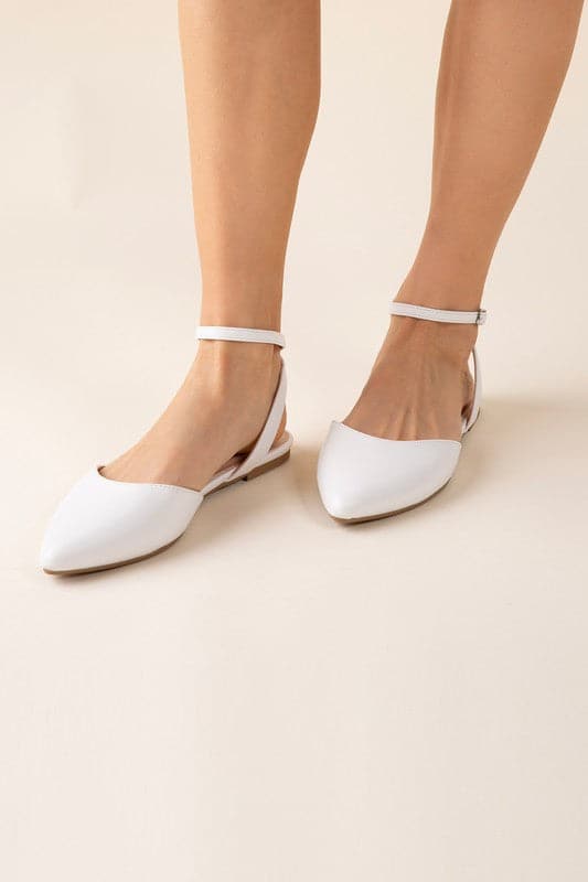 Pointed Toe Ankle Strap Flats - White- Avah Couture