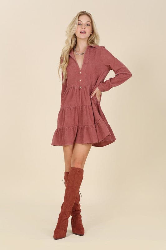 Timeless Corduroy Tiered Mini Dress - Blue or Pink