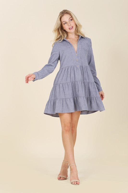 Timeless Corduroy Tiered Mini Dress - Blue or Pink