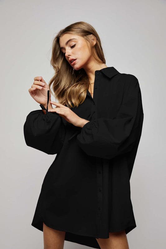  Puff Sleeve Button Down Shirt Dress-Black-Avah Couture