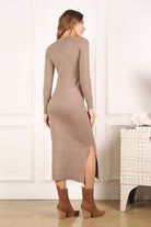 This long sleeved sweater dress comes in a comfy, soft and cozy fabric. The style features a v-neck with trendy melange pattern, perfect for the fall season. It is great for casual wear and looks beautiful paired with booties or knee high boots! Avah Couture