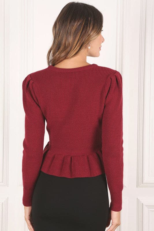 Irresistible You Peplum Sweater-Burgundy-AVAH