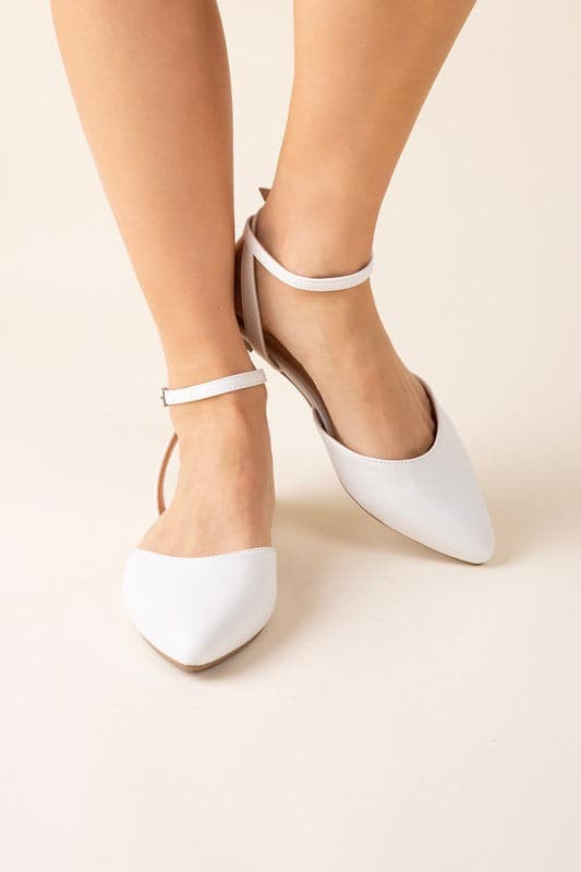 Pointed Toe Ankle Strap Flats - White- Avah Couture