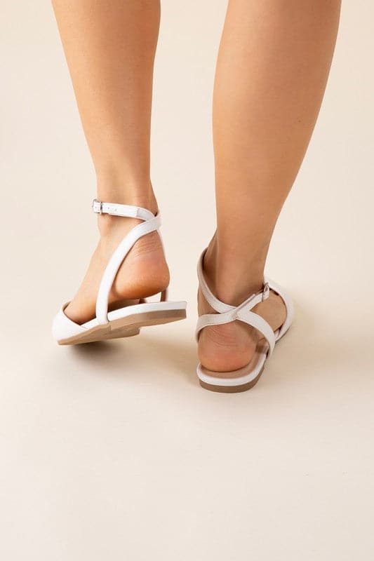 Pointed Toe Ankle Strap Flats - White- Avah Couture