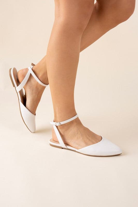 Pointed Toe Ankle Strap Flats - White- Avah Couture