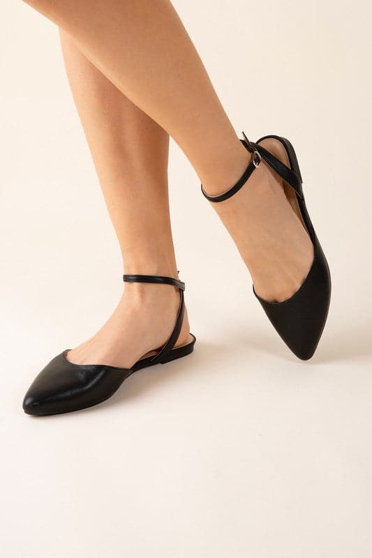 Pointed Toe Ankle Strap Flats - Black- Avah Couture