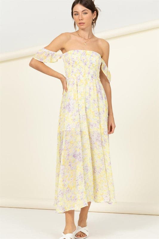 Love Affair Pastel Florals Off The Shoulder Midi Dress