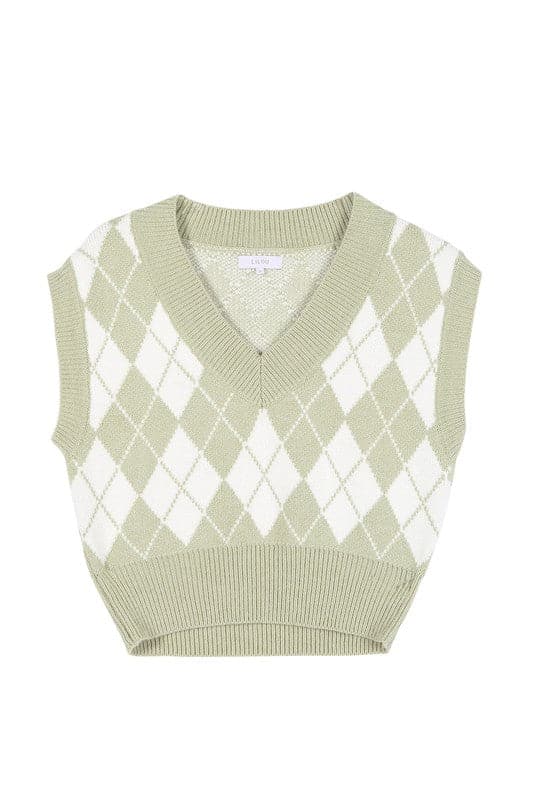 A knitted vest is a must have for fall and winter, and this version features an argyle pattern and V neckline to add some interest. It's sleeveless so you can wear it alone or layered over a button down shirt or tank. Green color. Avah Couture