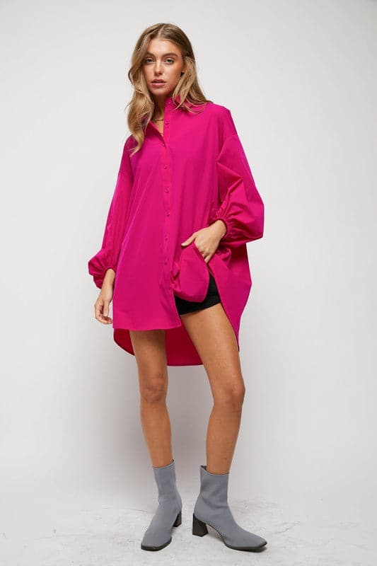  Puff Sleeve Button Down Shirt Dress-Fuchsia-Pink-Avah Couture