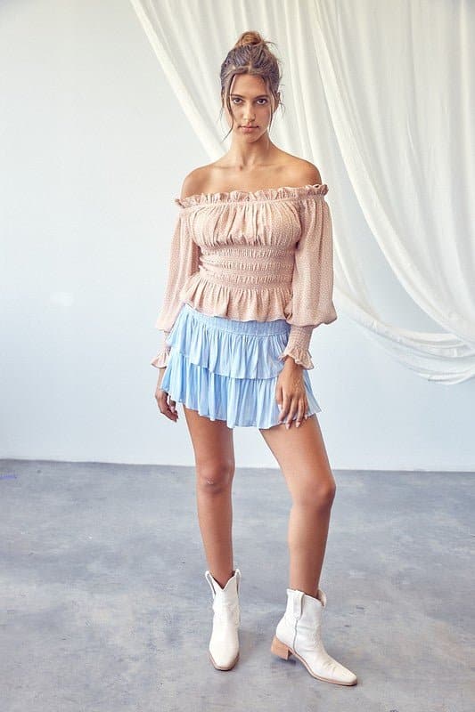 AVAH-Best Of Both Worlds Off the Shoulder Polka Dot Top-Tan