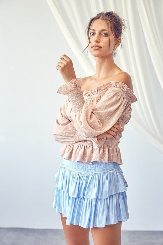 AVAH-Best Of Both Worlds Off the Shoulder Polka Dot Top-Tan