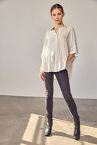 AVAH-Premiere Collared Button Front Striped Top
