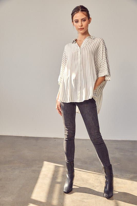 AVAH-Premiere Collared Button Front Striped Top