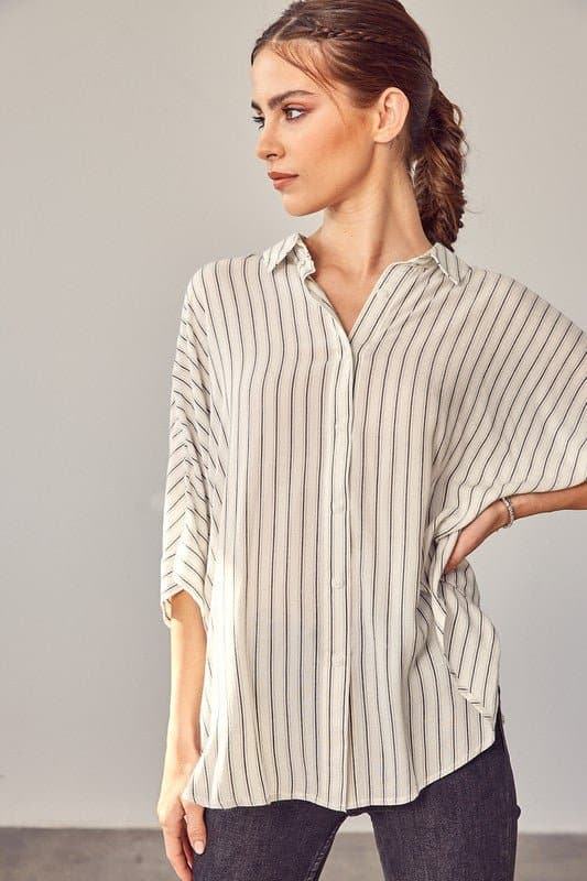 AVAH-Premiere Collared Button Front Striped Top