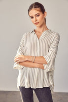 AVAH-Premiere Collared Button Front Striped Top