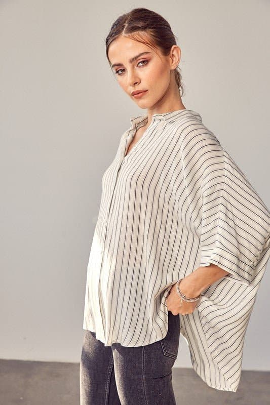 AVAH-Premiere Collared Button Front Striped Top