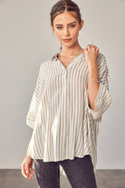 AVAH-Premiere Collared Button Front Striped Top