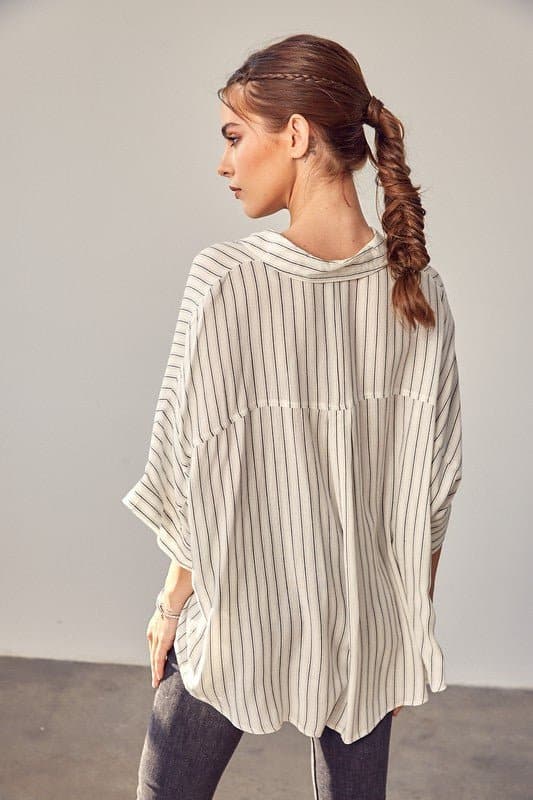 AVAH-Premiere Collared Button Front Striped Top