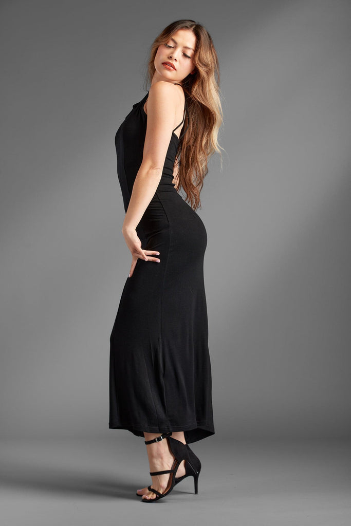 Josephina is simple elegance with a modern edge. The unique neckline has hammered metal circle hardware that complements the chic minimalistic design of this sleeveless piece. The ankle length finishes off this sleek black dress and the thin poly-blend fabric with stretch is both comfortable and cool - Avah Couture