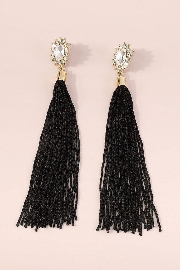 These long dangle tassel pendant earrings are spectacular. They will add drama and sophistication to your outfit. The large crystal stud is the perfect touch. These would be great for evening wear or going out! Avah Couture